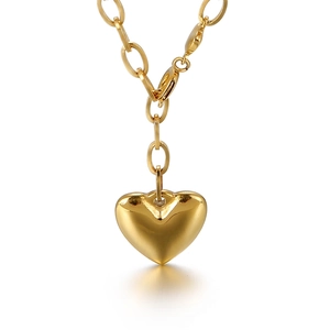 Stainless Steel Heart Pendant Necklace 3D Puffy Love Polished Oval Link Chain Elegant Minimalist Jewelry For Women