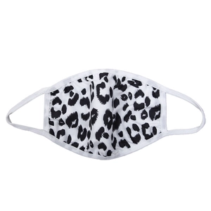 Close-up of leopard print fabric mask with elastic ear loops and white trim detail