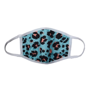 Detail of turquoise leopard print washable dust mask with white elastic ear loops