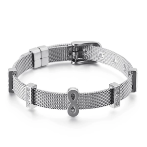 Silver infinity mesh bracelet with sparkling rhinestone charms and watch band clasp style
