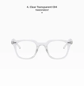 Detailed macro view of bright transparent C04 eyeglass frames with durable metal hinges