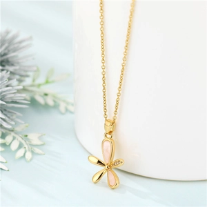 Elegant gold flower necklace with mother of pearl petals and zircon crystals on chain