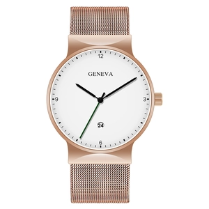 Detail of rose gold mesh strap watch with Geneva dial and date window on white background