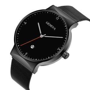 Detail of black quartz watch with stainless steel mesh band and orange second hand