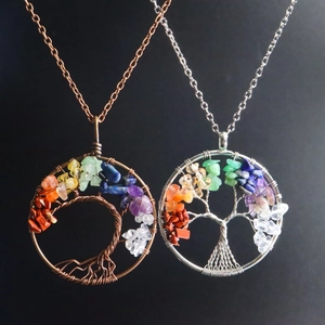 Chakra Tree of Life necklace featuring colorful natural stones in silver and copper tones