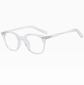 Detail of reinforced metal hinge and TR90 frame on transparent anti-blue light glasses