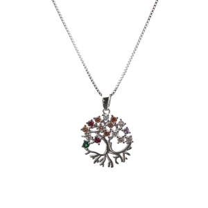 Close-up of tree of life pendant with colorful cubic zirconia and box chain detail