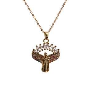 Golden Virgin Mary necklace with multicolored zircon stones and white marquise accents
