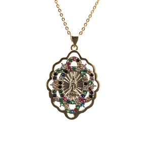 Gold plated Virgin Mary pendant necklace with colorful cubic zirconia halo on white background