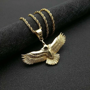 Polished gold-plated titanium steel eagle pendant necklace with a twisted rope chain