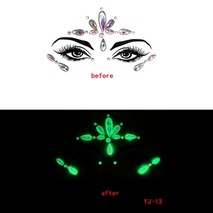 Luminous face jewels YJ-13 showing before and after glow effects in dark green