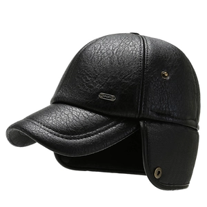 Men's winter black PU leather baseball cap with earflaps and warm thick lining