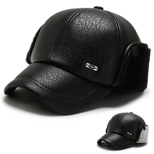 Men Winter Baseball Cap PU Leather Ear Flaps Warm Faux Fur Lining Windproof Solid Black Outdoor Sport Hat