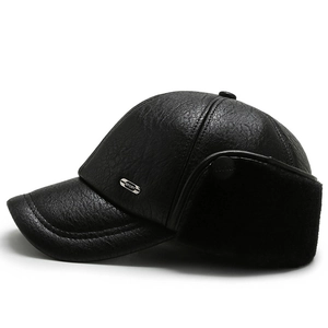Men's winter black PU leather baseball cap with ear flaps and warm fleece lining