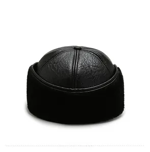 Back view of a black PU leather winter hat with soft faux fur trim and textured finish
