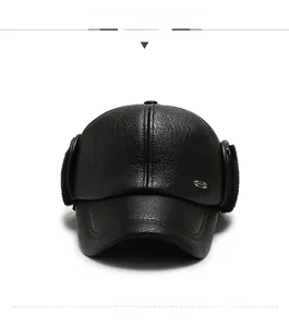 Front view of black PU leather winter hat with warm fleece lining and sport metal logo
