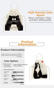 Linen apron size chart showing adult and child dimensions with cute black cat prints