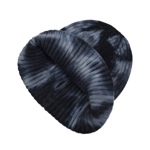 Tie-dye ribbed knit beanie in black and grey marl, cozy winter accessory for men and women