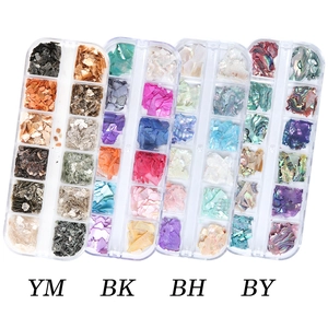 Irregular colorful shell flakes and abalone slices for nail art in a 12-grid storage box