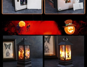 Detail of Halloween flame lantern battery compartment and spooky pumpkin patterns