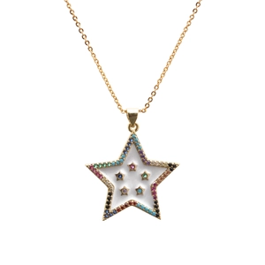 Star pendant necklace in gold finish with colorful crystals and white enamel inlay