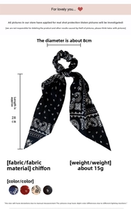 Detail view of paisley pattern chiffon hair scrunchie with long streaming ribbon