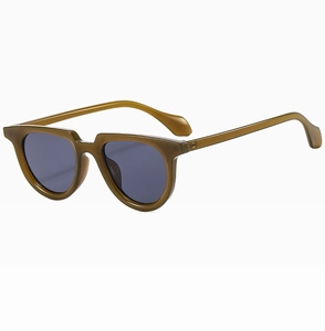 Detail of olive green translucent frame sunglasses with dark grey protective lenses