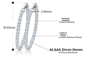 Detailed view of platinum plated hoop earrings with 44 AAA zircon stones and size markers
