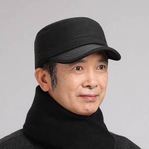 Detail of elderly men's winter military flat cap and thick warm scarf set in black
