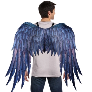 Blue feather costume wings for Halloween cosplay party decoration shown on model back