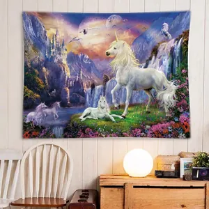 Detail view of fantasy unicorn wall tapestry with castle and waterfall in a cozy room