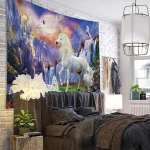 Detail of magic landscape tapestry showing a unicorn and castle for wall decor