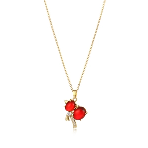 Gold plated titanium steel necklace with red agate gourd pendant and sparkling diamond bow