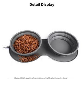 Close-up of foldable silicone pet dual bowls with carabiner for outdoor travel use