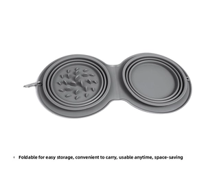 Detail of gray collapsible silicone pet double bowl with slow feeder and metal clip