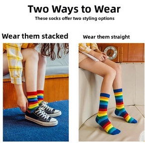 Rainbow striped crew socks showing scrunched style and straight style wearing options