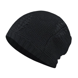 Winter black knit beanie with textured leaf pattern and ribbed edge for men and women