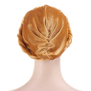 Elegant mustard yellow velvet turban hat with braided decorative headband and pleats