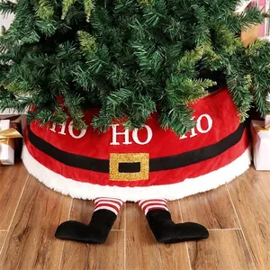 Christmas Tree Skirt Collar Santa Claus Legs Elf Feet Striped Socks Black Boots Plush Red Fabric Base Decoration