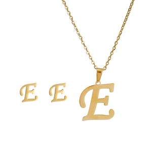 Golden stainless steel jewelry set featuring letter E pendant necklace and matching studs