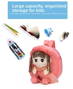 Pink plush kids backpack featuring 3 zippered compartments and side pockets for storage