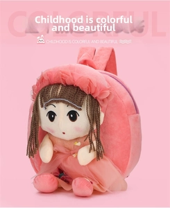Close-up of pink plush toddler backpack featuring a 3D doll with braided hair and tutu
