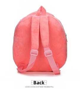 Back view of cute pink plush cartoon backpack for toddlers with soft wide shoulder straps