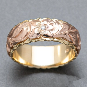 Dual-Tone Gegraveerde Roos Bloem Ring Koper Vrouwen Hawaiiaanse Stijl Brede Band Sieraden Met Zirkonia Cadeau