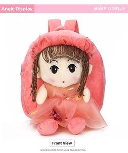 Front view of pink doll backpack featuring mesh tutu dress and floral headband