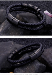Detail of double-layer black braided leather bracelet with matte magnetic clasp for men