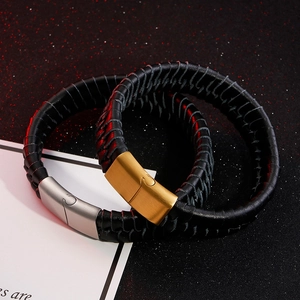 Braided black leather men bracelets with matte gold and silver magnetic jigsaw buckles