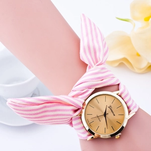 Women Quartz Watch Striped Fabric Scarf Strap Bow Knot Round Dial Casual Analog Wristwatch For Girls