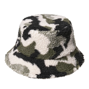 Close-up of thick camouflage lamb wool fabric on a warm winter bucket hat