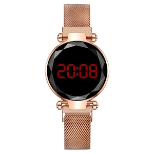 Women Fashion LED Digital Watch With Metal Mesh Strap Magnetic Buckle Diamond Cut Glass Mirror Minimalist Luxury